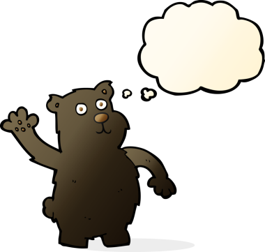 Bir insan tarafından çizilmiş düşünce balonlu siyah ayı sallayan çizgi film.