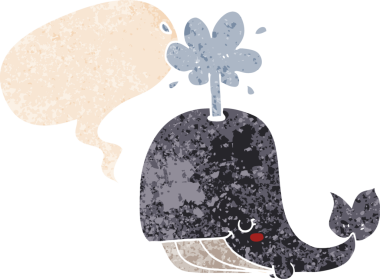 Bir insan tarafından çizilmiş grunge dertli retro tarzı konuşma balinası ile çizgi film balinası