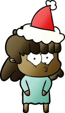 Bir insan tarafından çizilmiş Noel Baba şapkası giyen ıslık çalan bir kızın el çizimi karikatürü.