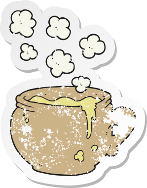 Bir insan tarafından çizilmiş bir çorba fincanının gerilimli retro yapıştırması