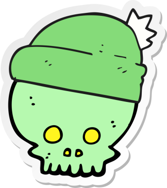 Bir insan tarafından çizilmiş bir şapka giyen bir karikatür kafatası çıkartması.