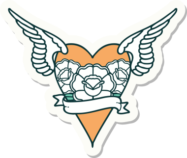 Geleneksel bir dövme stili. Uçan kalp. Çiçekler ve bir insan tarafından çizilmiş bayrak.