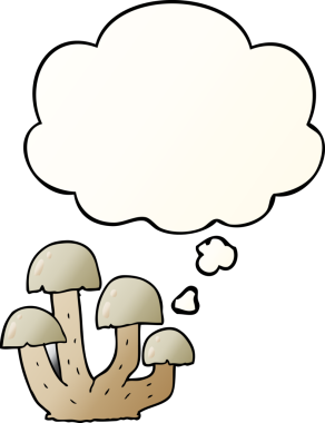 Düşünce baloncuğu olan karikatür mantarı bir insan tarafından çizilmiş.