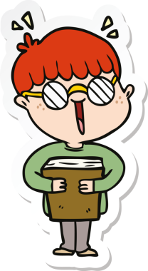 Çizgi film çocuğu çıkartması ve bir insan tarafından çizilmiş kitap.