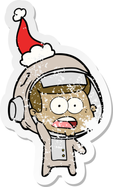 Bir insan tarafından çizilmiş Noel Baba şapkası giymiş şaşırmış bir astronotun el çizimi karikatürü.