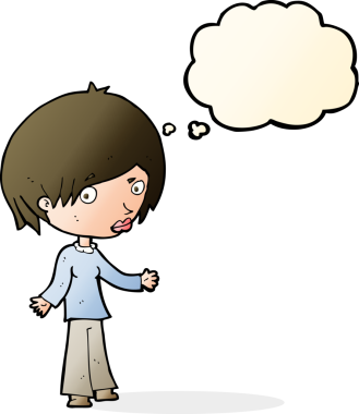 Bir insan tarafından çizilmiş düşünce baloncuğu olan kafası karışık bir kadın çizgi filmi.