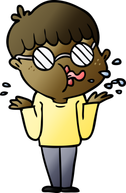 Gözlüklü çizgi film çocuğu bir insan tarafından çizilmiş omuz silkiyor.