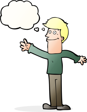 Bir insan tarafından çizilmiş düşünce baloncuğuyla el sallayan mutlu bir adam.