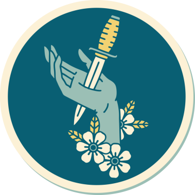 Bir insan tarafından çizilmiş eline geleneksel bir hançer stili dövme çıkartması.