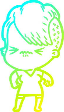 Bir çizgi film karakteri çizen soğuk gradyan, bir insan tarafından çizilmiş hippi bir kız.