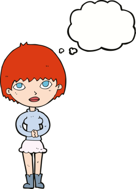 Bir insan tarafından çizilmiş düşünce baloncuğuyla sabırla bekleyen çizgi film kadını.