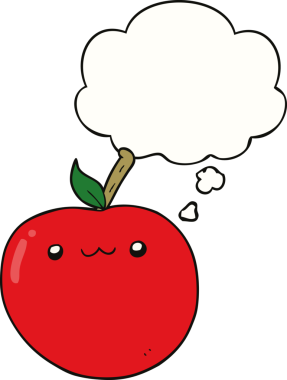 Bir insan tarafından çizilmiş düşünce baloncuklu şirin bir elma.