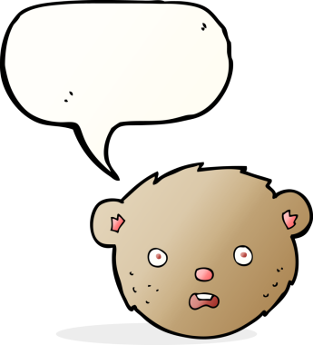 Bir insan tarafından çizilmiş konuşma balonlu oyuncak ayı yüzlü çizgi film.