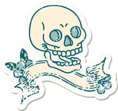 Bir insan tarafından çizilmiş kafatasının pankartıyla eski bir etiket.