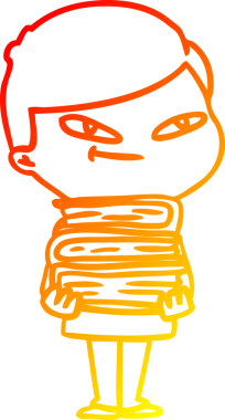 İnsan tarafından çizilmiş kitapları olan bir çizgi film çocuğunun sıcak çizgi çizimi.