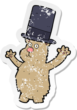 Bir insan tarafından çizilmiş silindir şapkalı çizgi film ayısının gerilimli çıkartması.