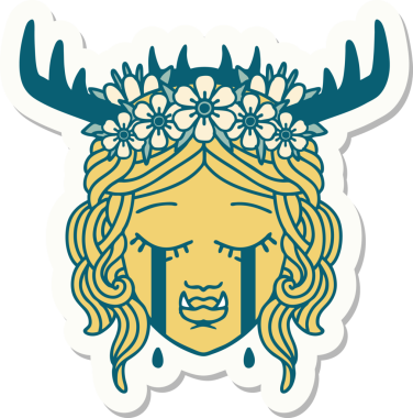 Bir insan tarafından çizilmiş üzgün, yarı ork bir Druid karakterinin çıkartması.