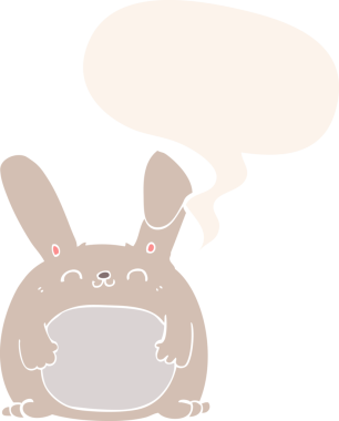 Konuşma baloncuklu çizgi film tavşanı insan tarafından çizilmiş.