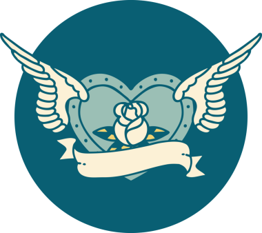 Bir insan tarafından çizilmiş çiçek ve bayrak ile uçan bir kalbin ikonik dövme görüntüsü