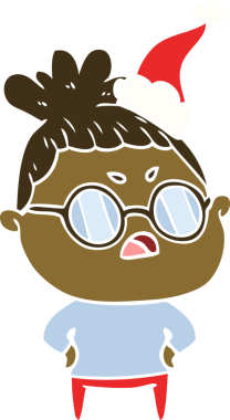 Bir insan tarafından çizilmiş Noel Baba şapkası giyen rahatsız bir kadının düz renkli çizimi.