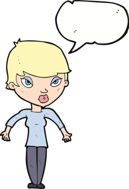 Bir insan tarafından çizilmiş konuşma baloncuğuyla omuz silken çizgi film kadını.