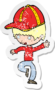 Bir insan tarafından çizilmiş şapkalı bir çizgi film çocuğunun gerilimli retro yapıştırması.