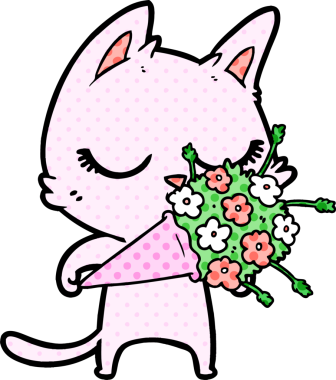 Bir insan tarafından çizilmiş çiçekli sakin çizgi film kedisi.