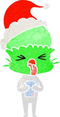 Bir insan tarafından çizilmiş Noel Baba şapkası giymiş bir uzaylının iğrenç el çizimi karikatürü