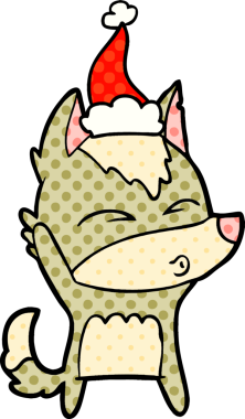 Bir insan tarafından çizilmiş Noel Baba şapkası takan bir kurdun el çizimi çizgi roman tasviri.