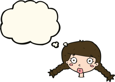 Bir insan tarafından çizilmiş düşünce baloncuğu ile kafası karışmış kadın yüzü.