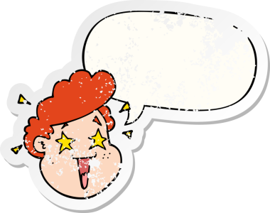 Bir insan tarafından çizilmiş, kederli, eski bir çıkartma, konuşma baloncuğu olan mutlu bir karikatür.