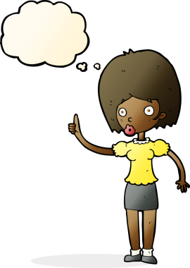 Bir insan tarafından çizilmiş düşünce baloncuğu fikri olan karikatür kadın.