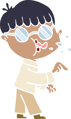 Düz renkli çizgi film karakteri gözlüklü çocuk bir insan tarafından çizildi.