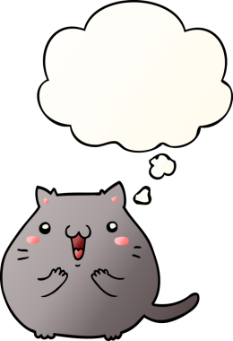 Mutlu çizgi film kedisi bir insan tarafından çizilmiş yumuşak eğimli düşünce baloncuğu ile