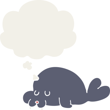 Bir insan tarafından çizilmiş, düşünce baloncuklu karton deniz aygırı.