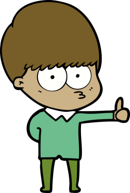 Meraklı çizgi film çocuğu bir insan tarafından çizilmiş işaret veriyor.