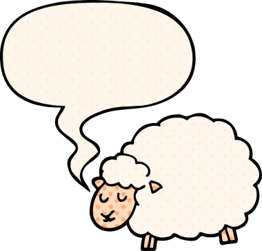 Bir insan tarafından çizilmiş, çizgi roman tarzında konuşma balonu olan bir koyun.