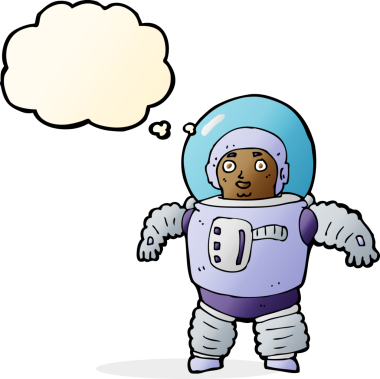 Bir insan tarafından çizilmiş düşünce balonlu bir uzay adamı.