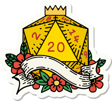 Bir insan tarafından çizilmiş 20 D20 zarının çıkartması.