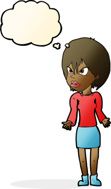 Bir insan tarafından çizilmiş düşünce baloncuğuyla rahatsız bir kadın.