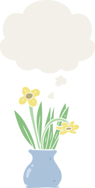 Bir insan tarafından çizilmiş düşünce baloncuğuyla saksıdaki karikatür çiçeği.