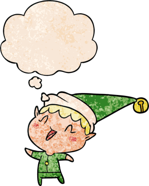 çizgi film mutlu noel elf 'i bir insan tarafından çizilmiş grunge desenli düşünce baloncuğu ile