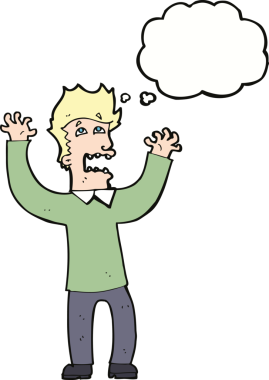 Bir insan tarafından çizilmiş düşünce baloncuğuyla dehşete düşmüş bir adam.