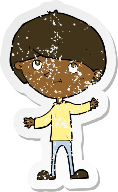 Bir insan tarafından çizilen mutlu çocuk çizgi filminin kederli retro yapıştırması.