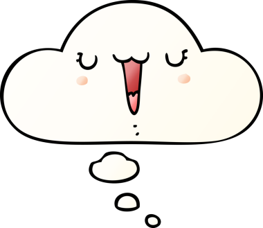 Bir insan tarafından çizilmiş yumuşak eğimli düşünce baloncuğu ile sevimli mutlu çizgi film yüzü