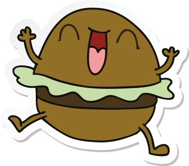Bir insan tarafından çizilmiş garip bir el çizimi mutlu burger çıkartması.