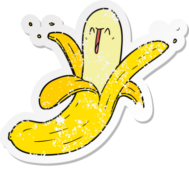 Bir insan tarafından çizilmiş kederli bir çizgi film etiketi çılgın mutlu bir muz