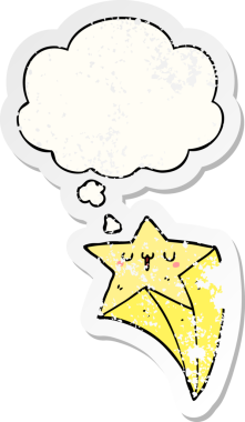 Düşünce baloncuğu olan çizgi film yıldızı bir insan tarafından çizilmiş yıpranmış bir çıkartma.