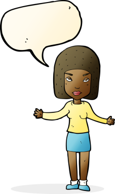 Bir insan tarafından çizilmiş konuşma baloncuğuyla rahatsız bir kadın.