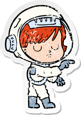 Bir insan tarafından çizilmiş karikatür astronot kadının sıkıntılı çıkartması.